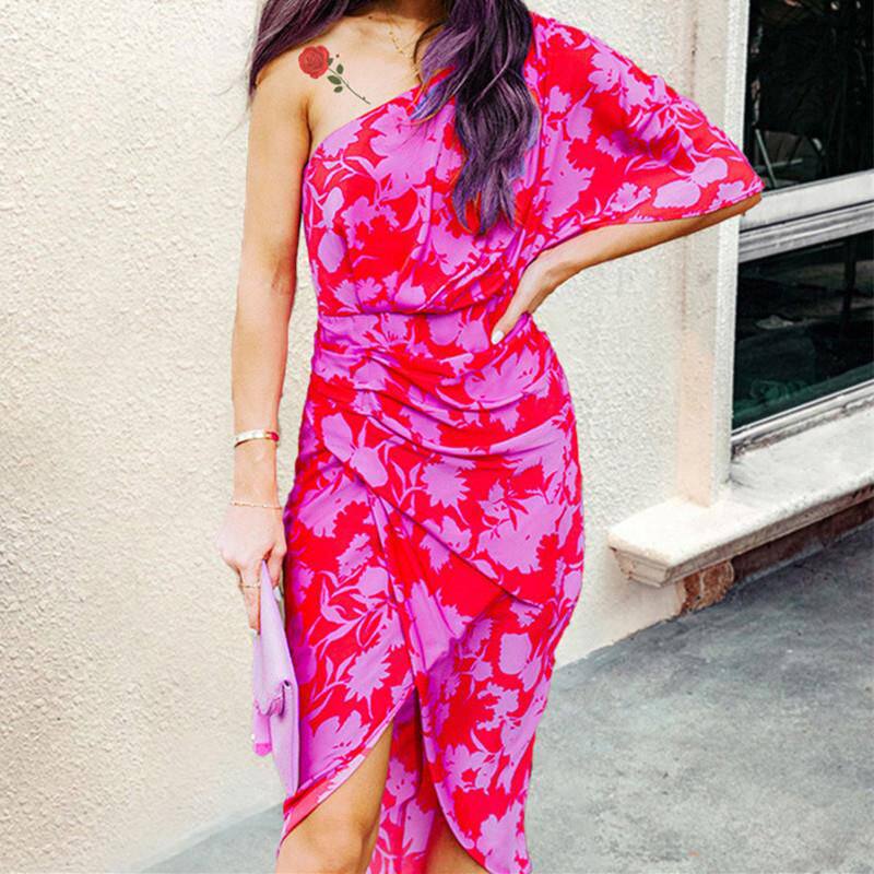 Summer hot Sexy off shoulder diagonal neckline women dress