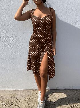 open-back strappy polka-dot split dress 露背波点开岔连衣裙女