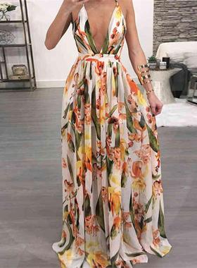 Print Party Dress Deep V Neck Backless Long Dress