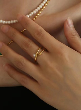 ins冷淡风不规则水波纹珍珠戒指女高级感设计小众轻奢法式复古