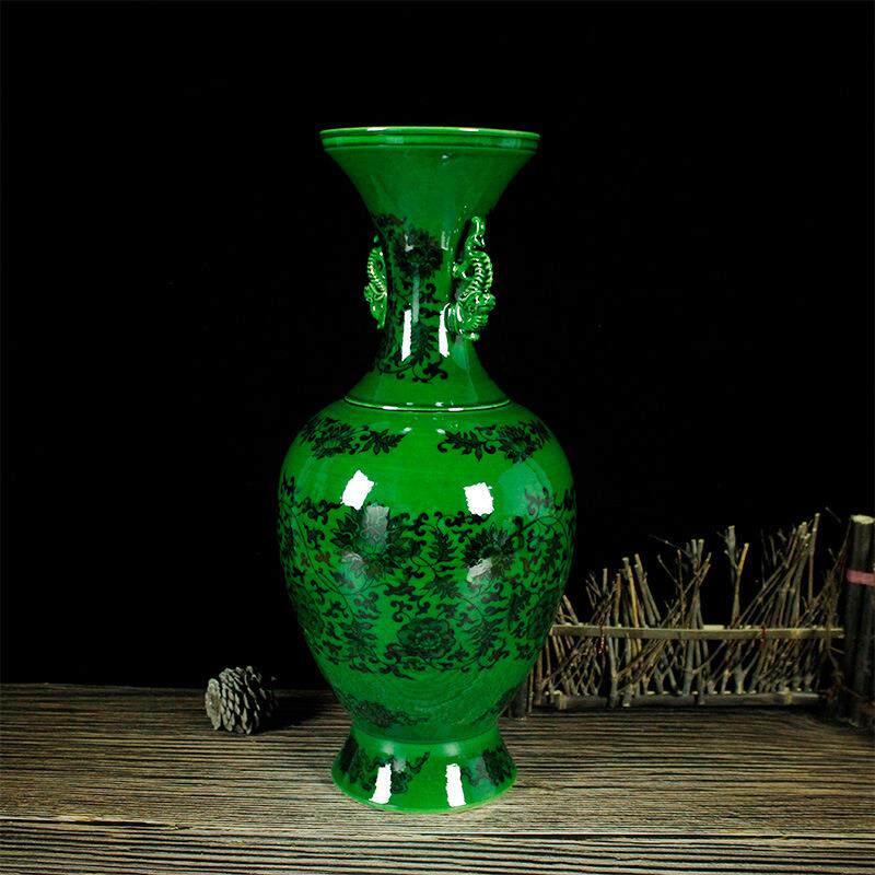 景德镇陶瓷翡翠绿色釉家居花瓶摆件仿古青花瓷瓶双耳瓶中式工艺品