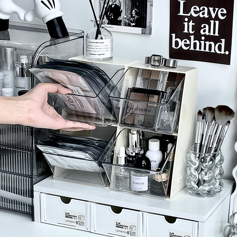 面膜收纳化妆品整理盒高级感桌面架子双层斜口梳妆台护肤品置物架