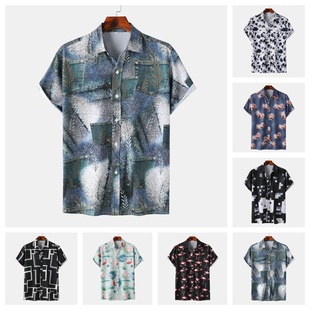 夏威夷沙滩风古巴领冰丝数码2024夏装短袖花衬衣豹纹大码衬衫
