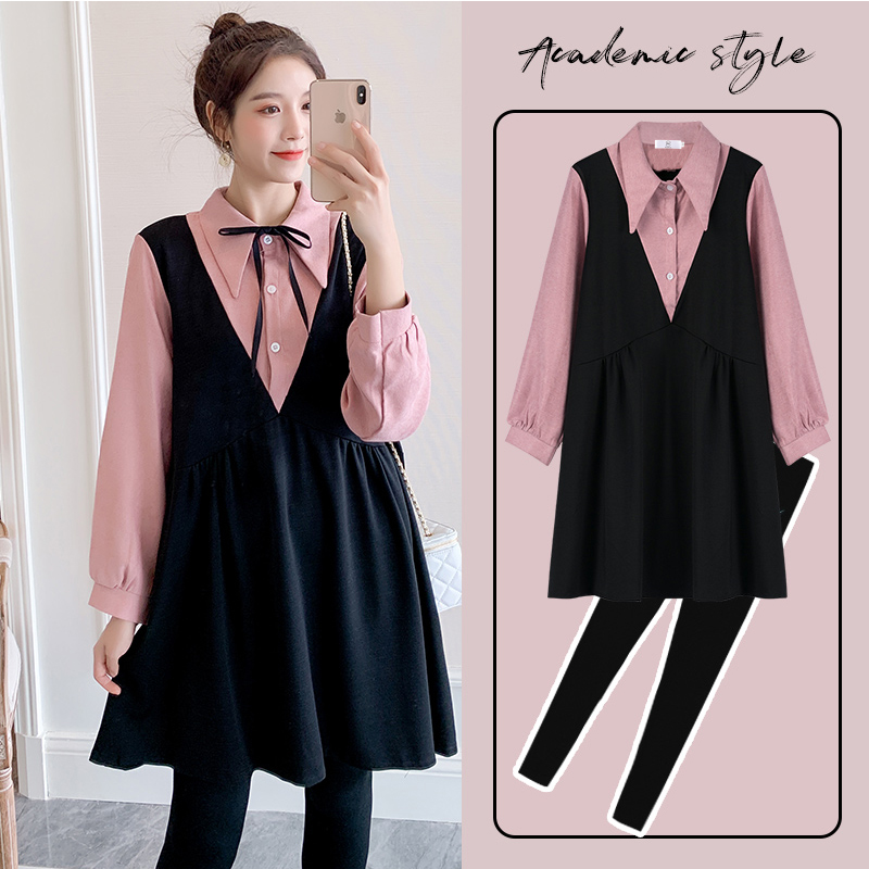 加肥大码孕妇装春秋连衣裙套装洋气潮妈衬衫a字裙连脚袜套装200斤