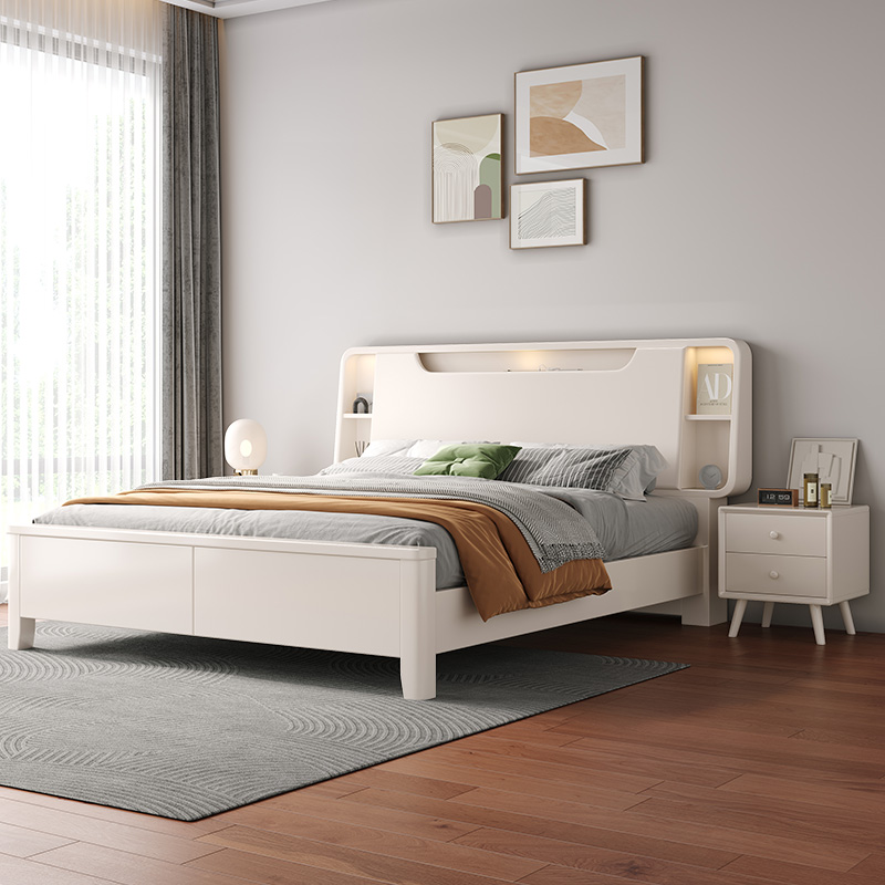 奶油风白色全实木床现代家用1.5米高箱储物床主卧婚床1.8m双人床