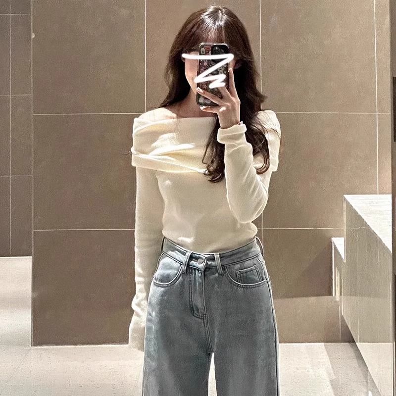 白色露肩毛衣针织打底衫