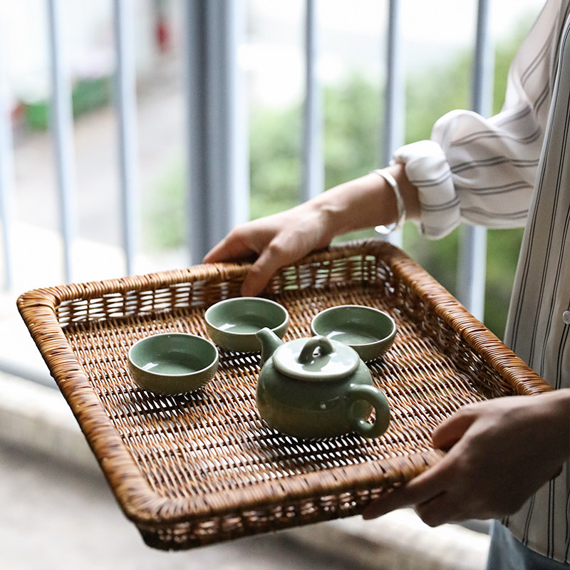 编织田园茶盘托盘方形功夫茶具配件 家用简约茶托盘茶点盘水果盘