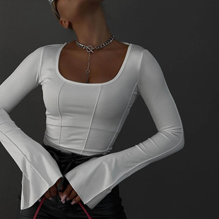 New Flare Sleeve T-shirt Women's U-neck Sexy Tight Top