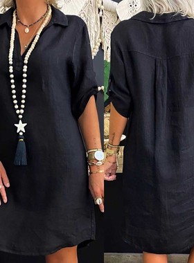 Cotton Linen OL Blouse Dress Vintage  Casual Turn Down Colla