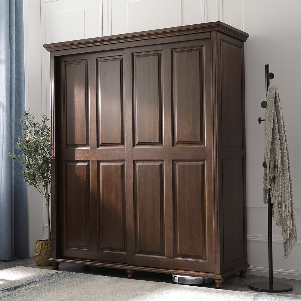 小美式乡村全实木移门衣柜 简约美式风格复古双门衣柜推拉门衣橱