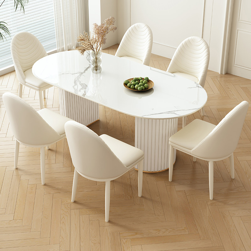 奶油风白色岩板餐桌椅组合现代简约小户型家用客厅长方形吃饭桌子