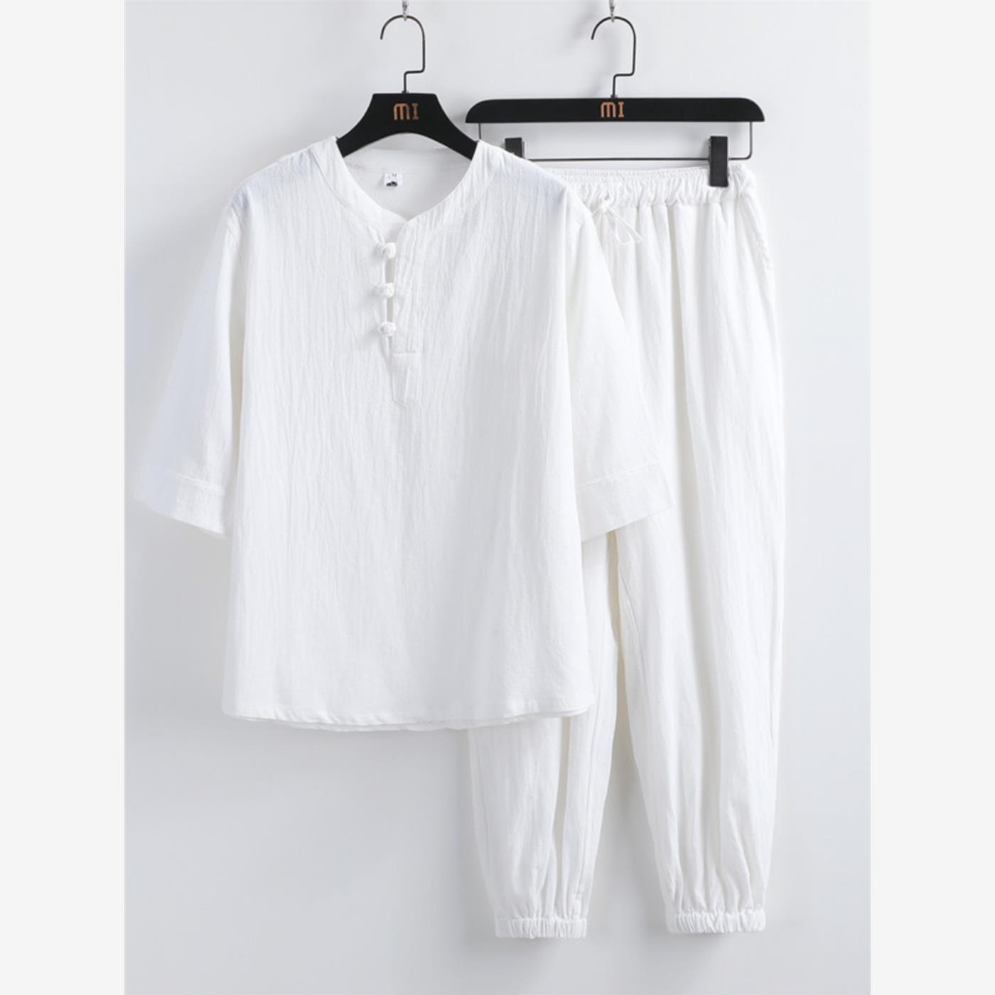 春夏季新款海青居士男女套装打坐白色棉麻道服佛系禅修服大码禅意