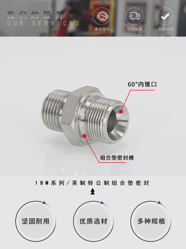 英制转公制直通1BM英制C型60°内锥高压油管接头碳钢外螺纹直接头