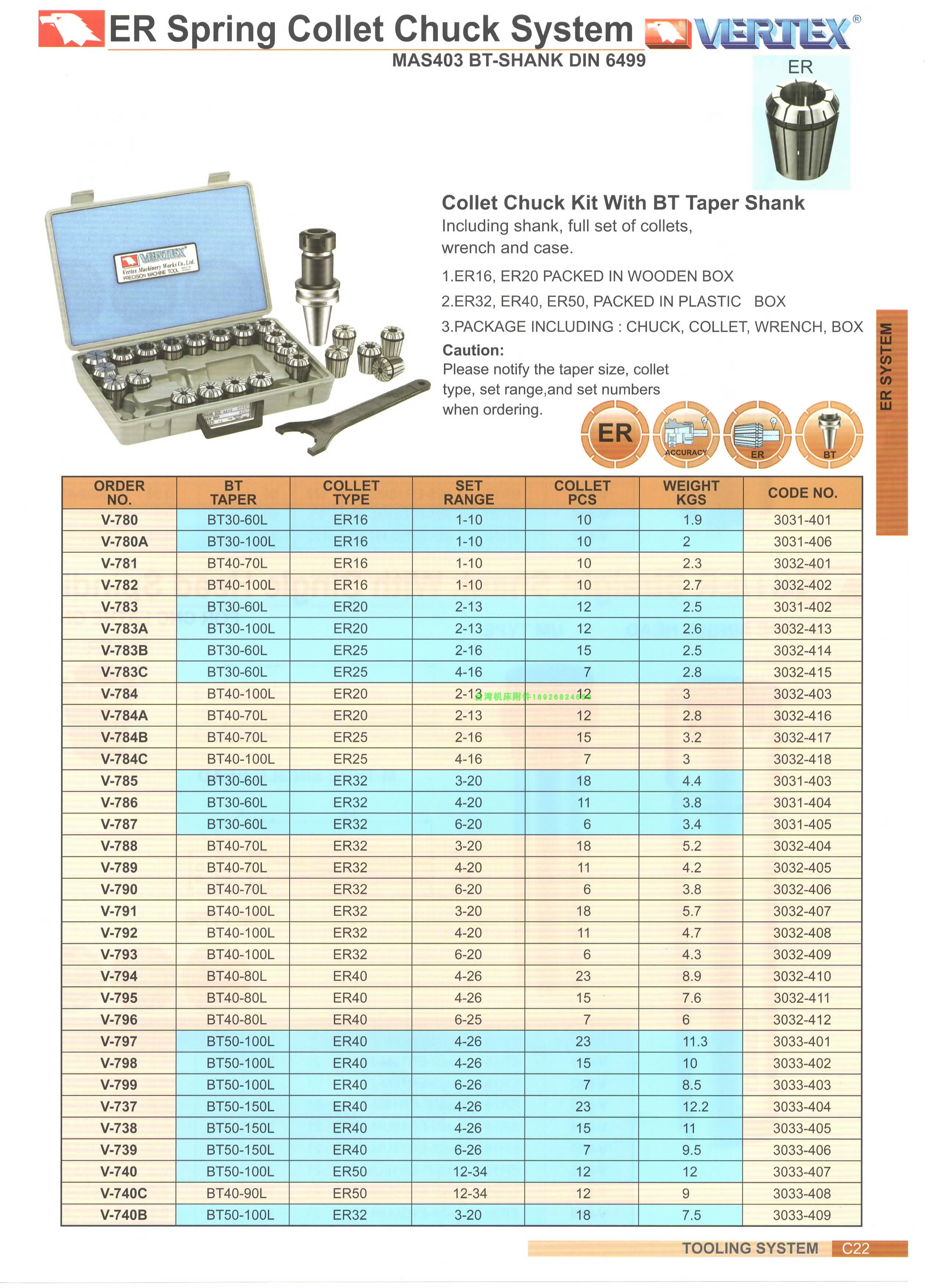 VERTEX台湾鹰牌ER-BT套装夹具组筒夹刀柄BT40-100L-ER32 18件3-20