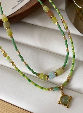 绿色天然石榴石项链新中式国潮高级感颈链复古风简约百搭锁骨链女