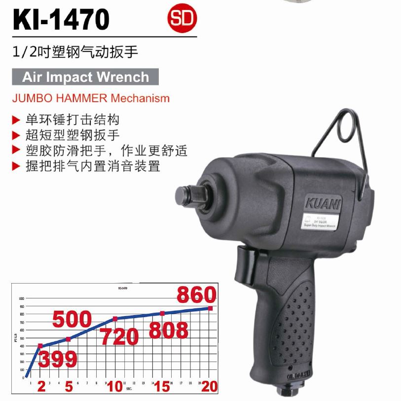 台湾冠亿 1/2DR超短单锤式塑钢气动扳手 风炮KI-1470 610NM