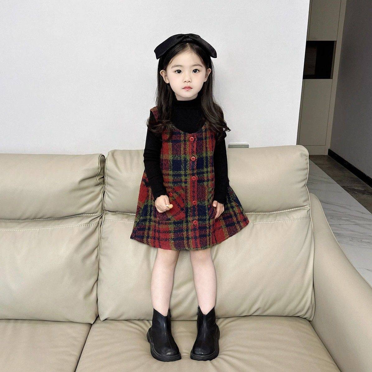 童装2025女童秋冬格纹毛呢背心裙子女宝宝韩版可爱甜美连衣裙