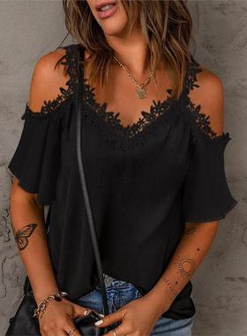 欧洲站夏季新品白色V领钩花拼接露肩短袖T恤宽松百搭上衣T-shirt