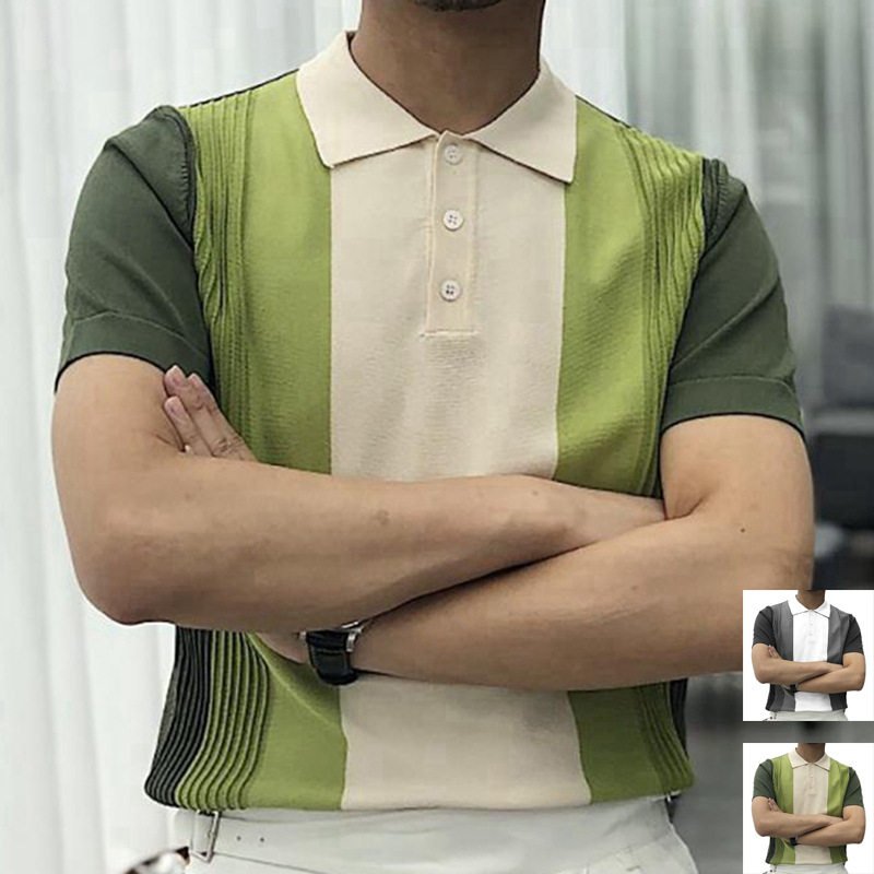 绿色条纹针织衫翻领短袖POLO衫T恤上衣男 Men's POLO T-shirt
