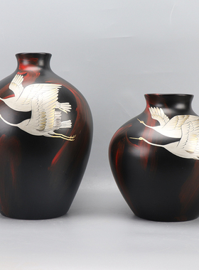 新中式创意仙鹤黑色花瓶摆件客厅玄关餐桌桌面插花陶瓷花器工艺品