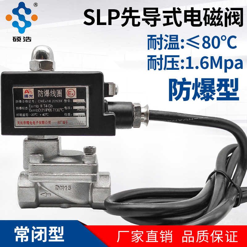 SLP-16P防爆电磁阀220v24v不锈钢耐高压1.6MPa先导式水阀消防气阀