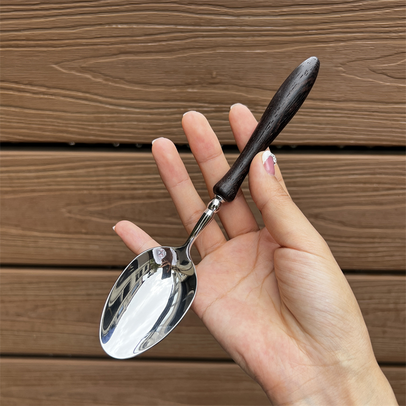 日式原木柄大圆勺子304不锈钢干饭勺汤勺西餐勺正餐勺ins拍照饭勺