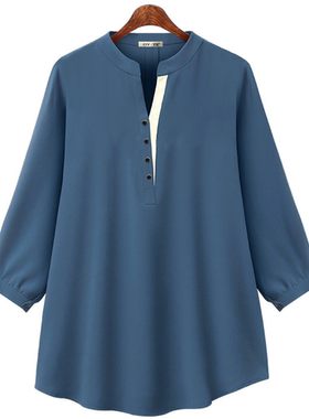大码女装春夏新款OL通勤V领宝蓝色单排扣宽松显瘦七分袖衬衫shirt