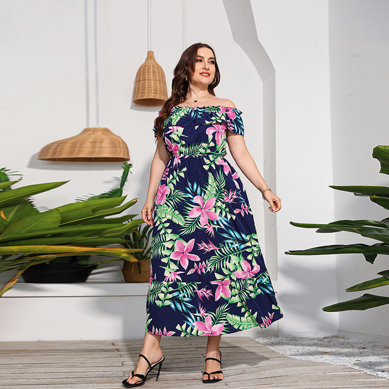 2024 Long Hem Colorful Print Plus Size Strapless Beach Dress