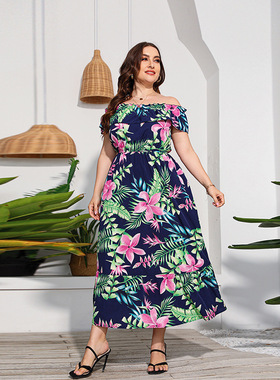 2024 Long Hem Colorful Print Plus Size Strapless Beach Dress