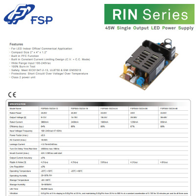 现货FSP045-1SZ24-24 LED恒流电源RIN Series 45w单输出LED电源