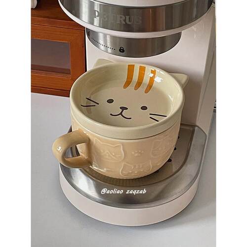 复古可爱三花猫咪马克杯陶瓷杯子带盖咖啡杯燕麦杯早餐杯生日礼物