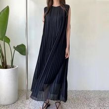 2023日系乐天夏季收腰显瘦无袖百褶雪纺连衣裙长裙配腰带DRESS