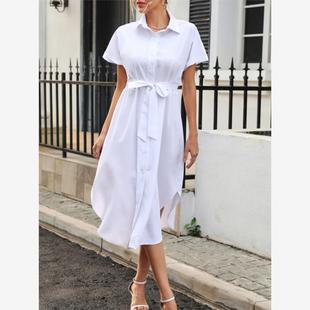 欧美气质简约夏季女收腰系带白色显瘦短袖连衣裙子中长款衬衫裙