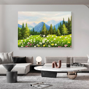 自然风景横版客厅装饰画雏菊花卉手绘油画玄关大芬村青山树木挂画