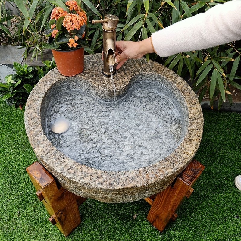 石头洗手池老旧石槽旧石磨石盆洗手盆庭院装饰老磨盘圆形石头鱼缸