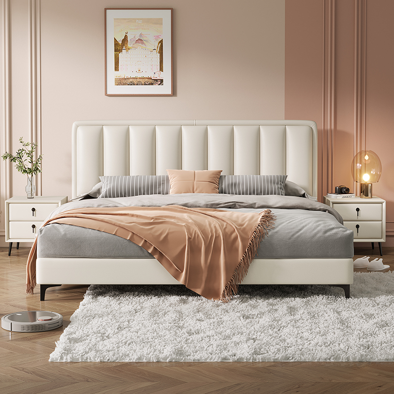 奶油风皮艺床现代简约1.8米双人床主卧轻奢婚床小户型家用储物床