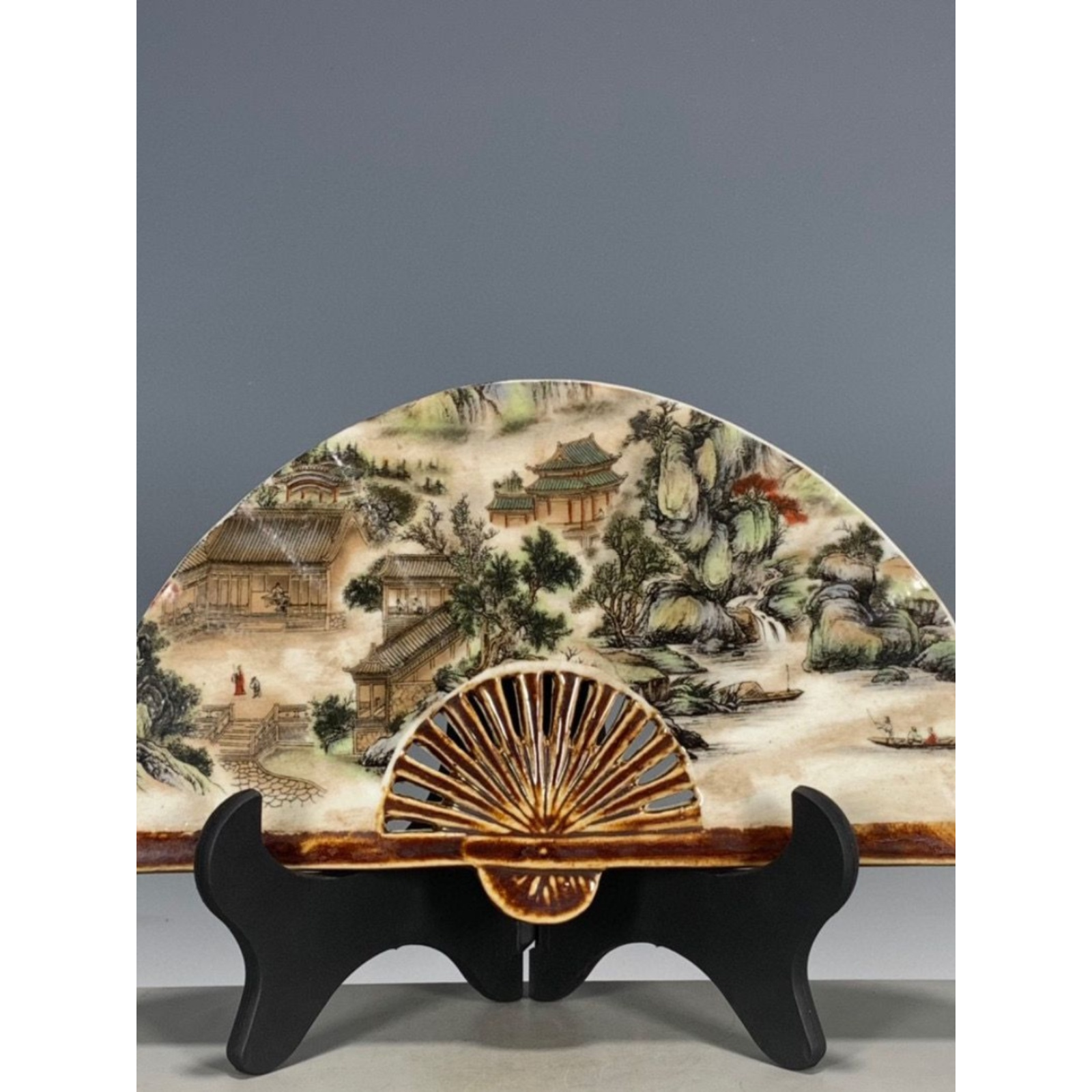 古董古玩旧货老货古瓷杂项民国时期粉彩山水瓷扇摆件
