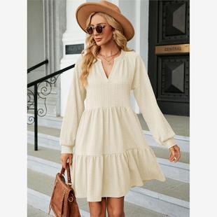 Solid Color V-Neck Loose Pleated Long Sleeve Female Dresses
