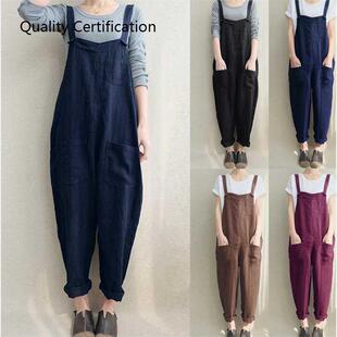 Linen Rompers Long Jumpsuits Solid Strappy Pockets Dungarees