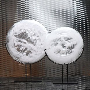 现代新中式白色透明水墨样板间玄关别墅书房博古架软装饰品摆件