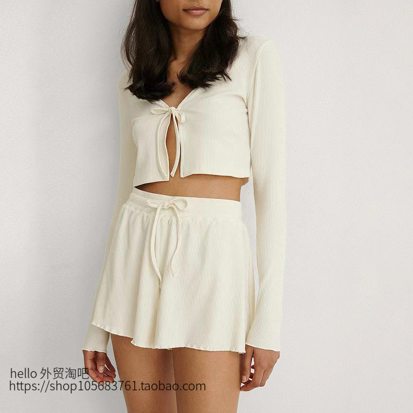 欧美坑条系带短款上衣短