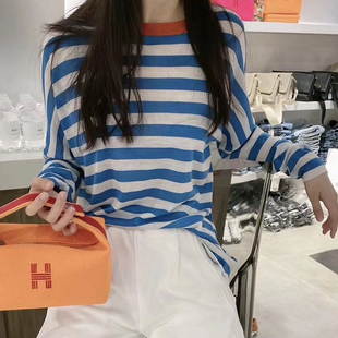 潮 春秋棉麻条纹针织衫 女圆领套头薄毛衣宽松大码 打底长袖 明星韩版