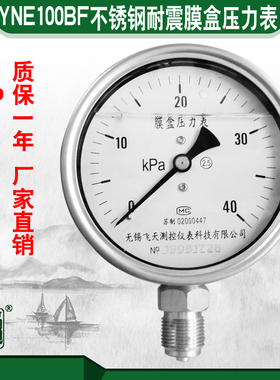 无锡飞天FTYLB直销YNE100BF不锈钢耐震 微压 膜盒压力表 千帕表