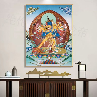 大威德金刚护法唐卡西藏手绘复制挂画茶室书房招财装饰画时轮金刚