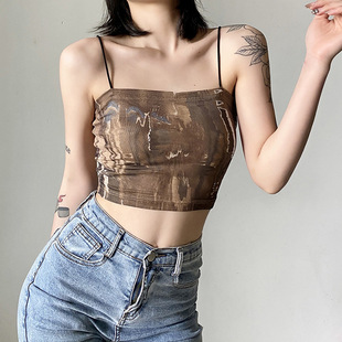 甜辣小吊带背心女夏外穿内搭欧美复古印花短款露脐辣妹削肩上衣