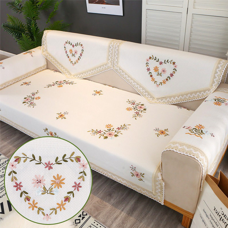 绣花沙发巾靠背三角巾盖布四季通用棉麻布艺扶手巾