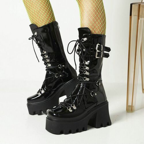 女松糕厚底车靴女高筒靴w