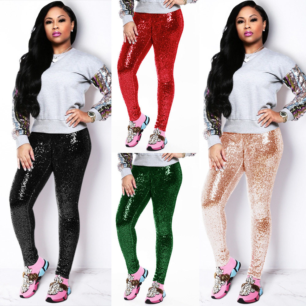 Women casual slim pants Sequin trousers 2023 Fashion big red