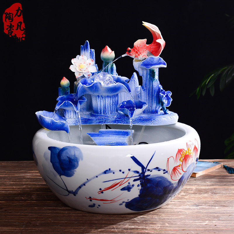 家居客厅流水喷泉招财摆件中式玄关陶瓷青花鱼缸风水桌面雾化加湿