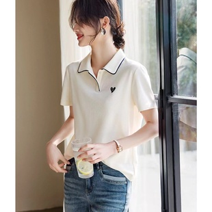 减龄气质polo衫 Solar白色短袖 宽松凉爽时尚 t恤女2024新款 上衣 夏季